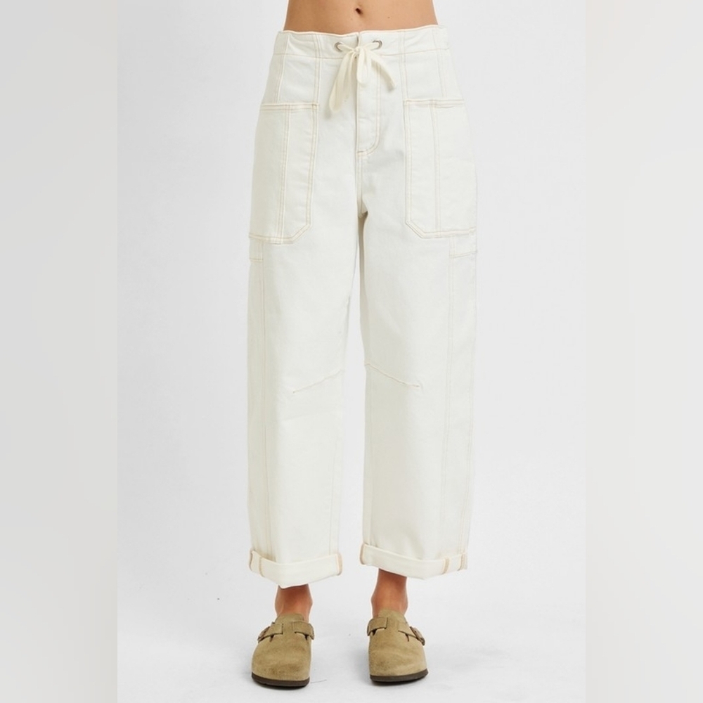 Risen HR Wide Barrel Jeans Cream Cuffed Ankle Cargo Patch Pocket Various NEW - Picture 2 of 6